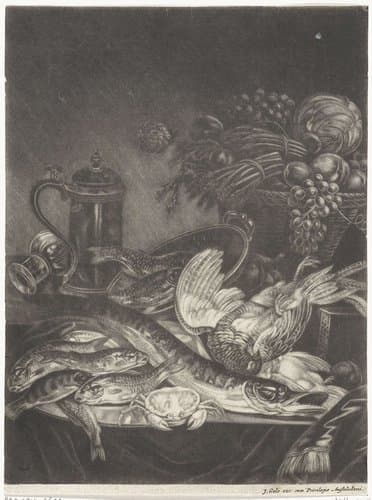 Stilleven met vissen, gevogelte, groente en fruit by Jacob Gole
