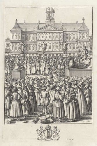 Inwoners van Amsterdam in de gedaante van kikkers verzameld op de Dam by anonymous