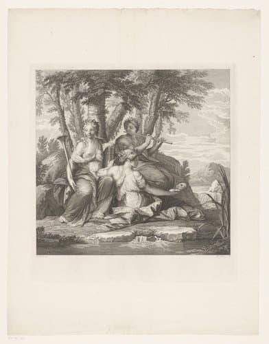 Muzen Clio, Thalia en Euterpe in een landschap by Claude Augustin Duflos