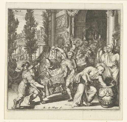 Een overleden vorst wordt op een draagbaar een Romeins gebouw in- of uitgedragen. by Romeyn de Hooghe