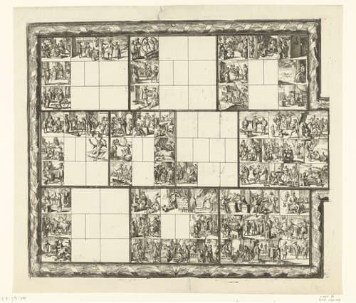 Blad met tientallen kleine voorstellingen van juridische aard (illustraties voor 'Ars magna et admirabilis (...) Pandectarum tituli (...) ope figurarum emblematicarum'?) by Romeyn de Hooghe