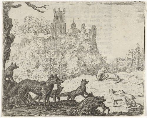 Reinaert de vos en Grimbeert de das op weg naar het gerecht by Allaert van Everdingen
