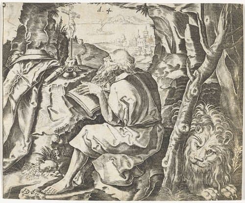 H. Hieronymus schrijvend in zijn grot by Bartholomeus Willemsz. Dolendo