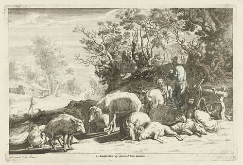 Varkenshoeder met kudde varkens by Johannes Gronsveld
