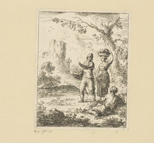 Landschap met drie figuren voor een ruïne by Franz de Paula Ferg