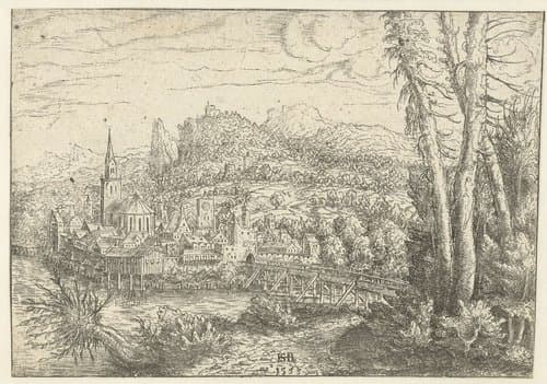Landschap met stad aan rivier en houten brug