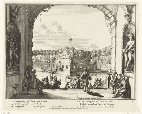 Poort en vijver in het park van Enghien by Romeyn de Hooghe