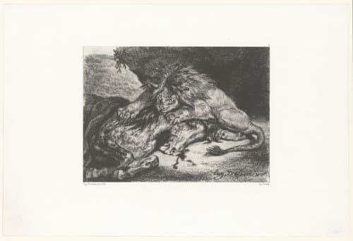 Leeuw verslindt een paard by Eugène Delacroix