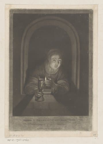 Jonge vrouw met brandende lamp in venster by William Baillie