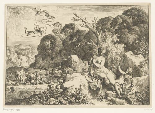 Venus zittend op een rots, vergezeld door drie putti by Christian Wilhelm Ernst Dietrich