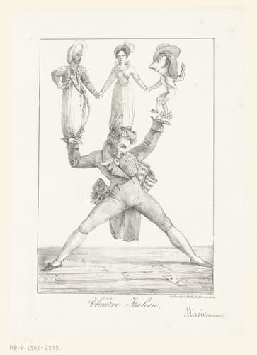 Karikatuur van de componist Rossini met drie theaterfiguren by Eugène Delacroix
