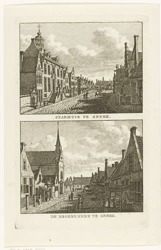 Twee stadsgezichten te Sneek: Stadhuis en Broerekerk by Carel Frederik Bendorp (I)
