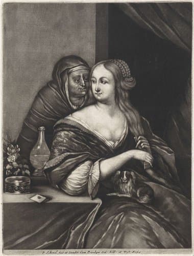 Jonge vrouw en een koppelaarster by Pieter Schenk (I)