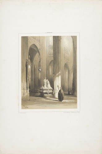 Kerkinterieur met geestelijke en graftome by Johannes Bosboom
