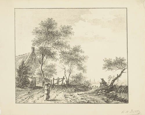 Landschap met vrouw met mand op het hoofd by Barentie Willem Dietz