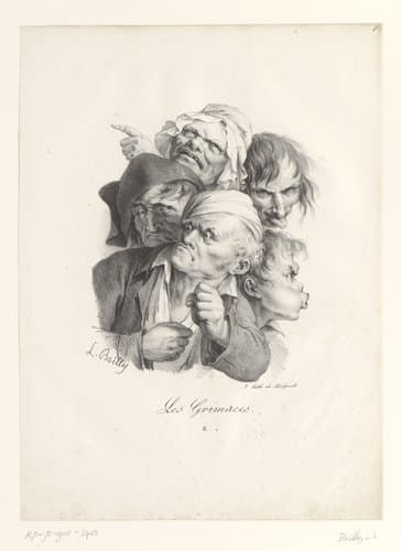 Karikatuur van vier mannen en een vrouw met verschillende gezichtsuitdrukkingen by Louis-Léopold Boilly