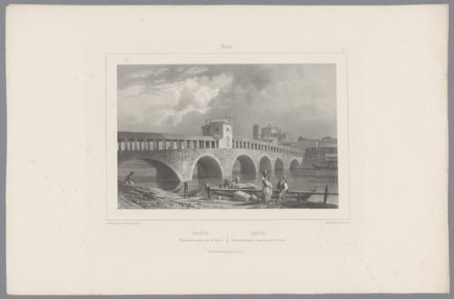 Zicht op de Ponte Coperto over de Ticino in Pavia by Isodore-Laurent Deroy