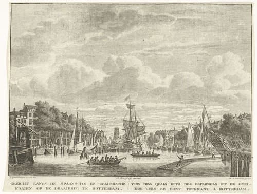 Gezicht langs de Spaansche en Geldersche kaaien op de draaibrug te Rotterdam by Carel Frederik Bendorp (I)