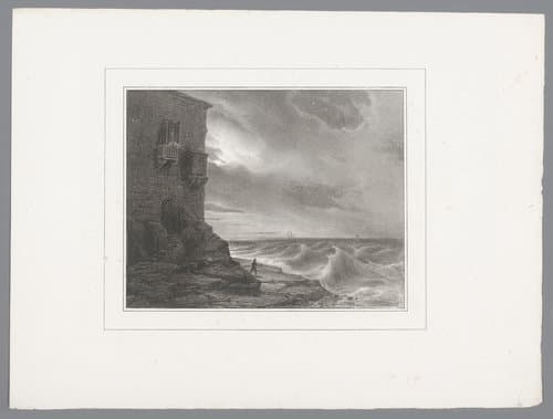 Huis aan de kust bij maanlicht by Théodore Gudin