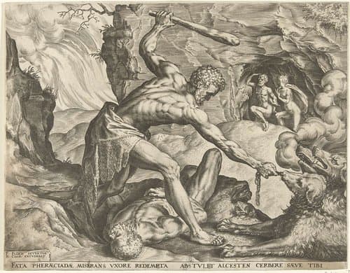 Hercules sleept Cerberus de hel uit by Cornelis Cort
