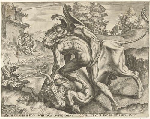 Hercules worstelt met Acheloüs by Cornelis Cort