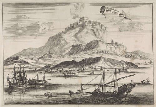 Gezicht op eiland en Kasteel Tenos by Johannes Kip