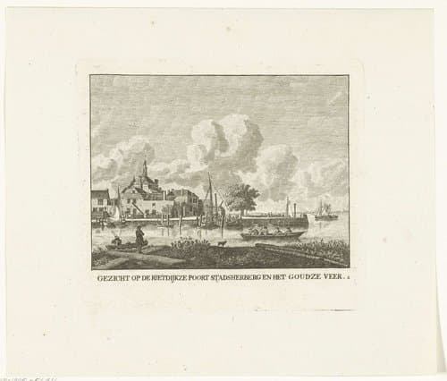 Gezicht op achterzijde Riedijkspoort met stadsherberg en het veer naar Gouda te Dordrecht