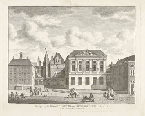 Gezigt op s'Graavensteen en gevangenhuis, te Leyden by Abraham Delfos