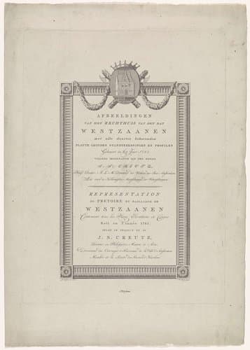 Titelpagina voor de bundel afbeeldingen van de rechtbank te Westzaan by Theodoor Koning