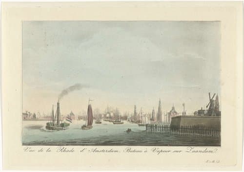Vue de la Rhade d' Amsterdam. Bateau à Vapeur sur Zaandam
