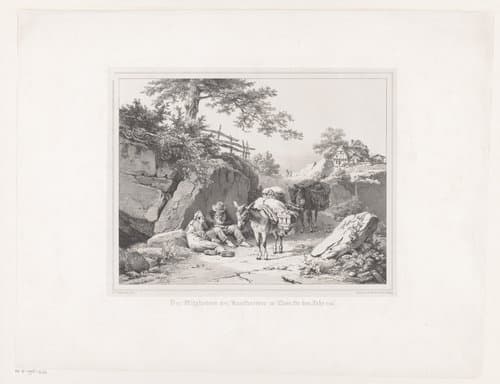 Twee rustende mannen met hun ezels by Barend Cornelis Koekkoek