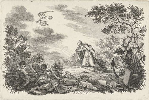 Landschap met geknielde vrouw en putti by Simon Fokke