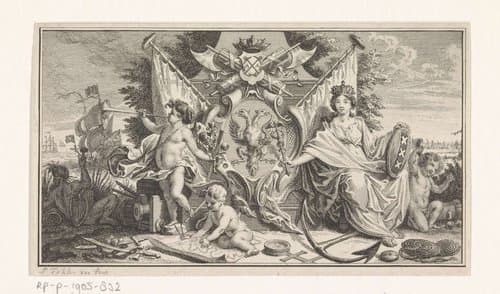 Amsterdamse Stedenmaagd bij een wapenschild by Simon Fokke