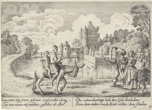 Fabel van de boer en zijn ezel; Zowel de boer als zijn zoon zitten op de ezel by Wenceslaus Hollar