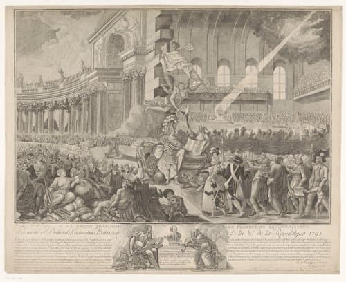 Allegorische voorstelling met de Nationale Conventie die de 'Declaration des droits de l'homme et du citoyen' vieren