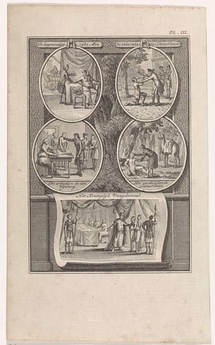 Vijf bijbelse voorstellingen op een blad by Theodoor Koning