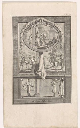 Vijf bijbelse taferelen op een blad by Theodoor Koning