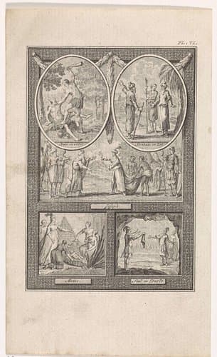 Vijf bijbelse taferelen op een blad by Theodoor Koning