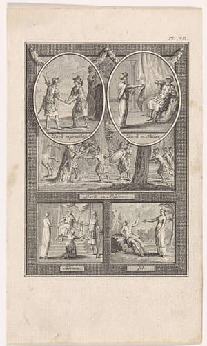 Blad met vijf bijbelse voorstellingen by Theodoor Koning