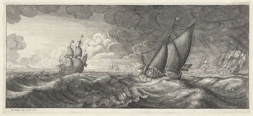Zeilschip en drie oorlogsschepen in een zeestorm by Wenceslaus Hollar