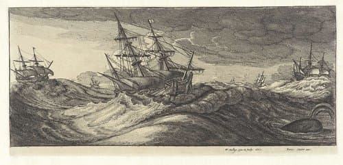 Oorlogsschepen en een walvis in een zeestorm by Wenceslaus Hollar