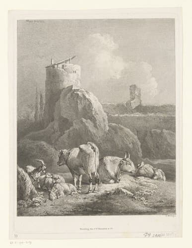Slapende herder naast zijn vee, in de achtergrond een ruïne by Adam von Bartsch