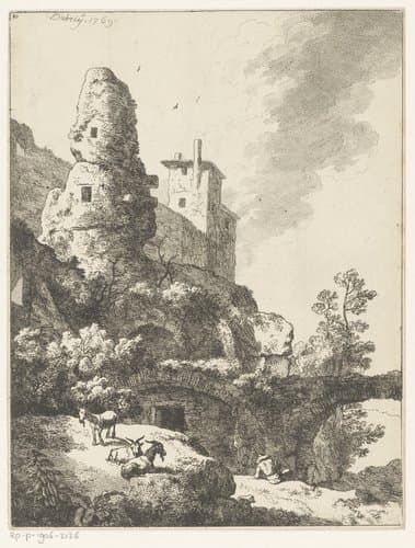 Landschap met ruïnes, aan de voet rust een herder met zijn kudde