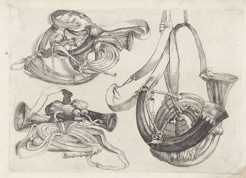 Zeven jachthoornen by Wenceslaus Hollar