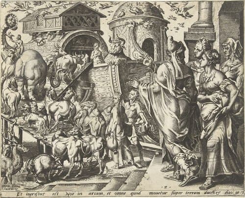 Noach gaat met zijn familie en de dieren aan boord van de ark by Cornelis Cort