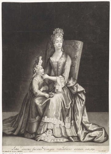 Vrouw zittend op een stoel met naast haar een jong meisje by Pieter Schenk (I)