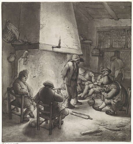 Rokende boeren bij een schouw by Anthonie van den Bos