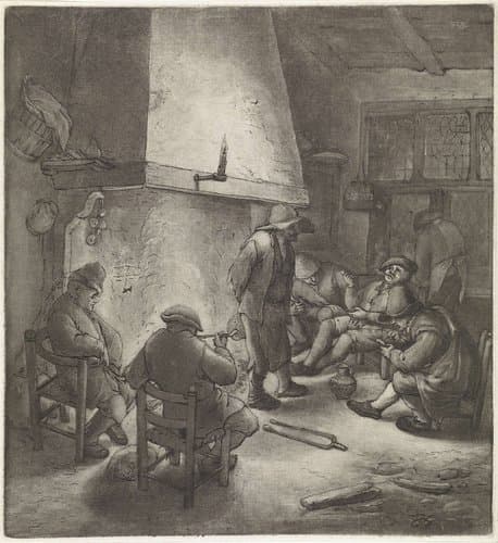 Rokende boeren bij een schouw by Anthonie van den Bos