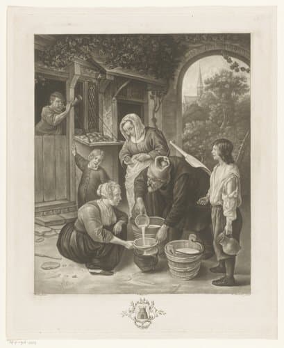 Melkboer schenkt melk voor een bakker by Richard Brookshaw