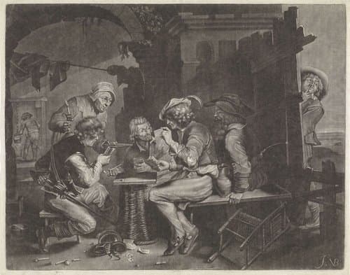 Kaartspelers en een plassende man by Jan van der Bruggen